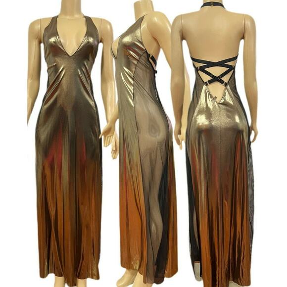 Victoria’s Secret Long Nightgown Slip Dress – Metallic Gold & Black (Size Large) - Picture 2 of 4